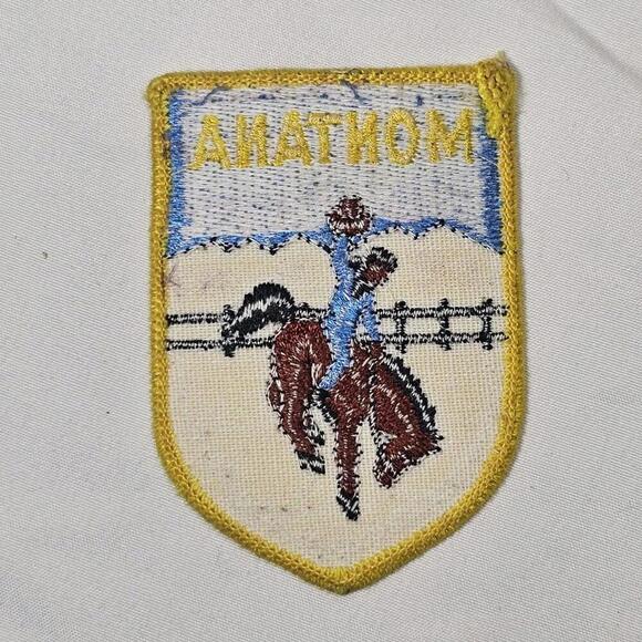 Vtg Montana Cowboy Horse Rodeo Travel Patch Yellow Saddle Patch - Picture 3 of 5
